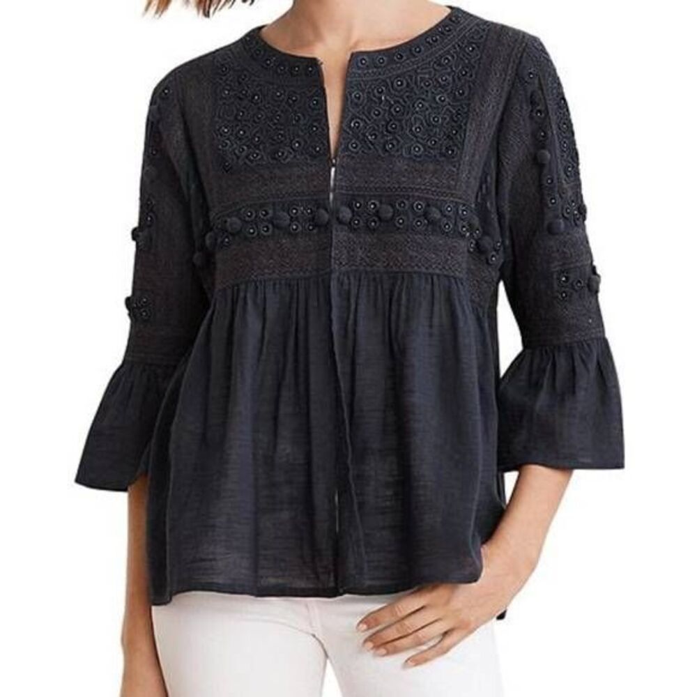 Velvet by Graham and Spencer Navy Embroidered Embellished Top XS Boho Designer
